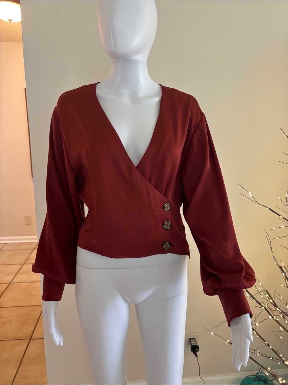 Etiquette Clothiers Wine Red Wrap-Front Blouse with Side Buttons